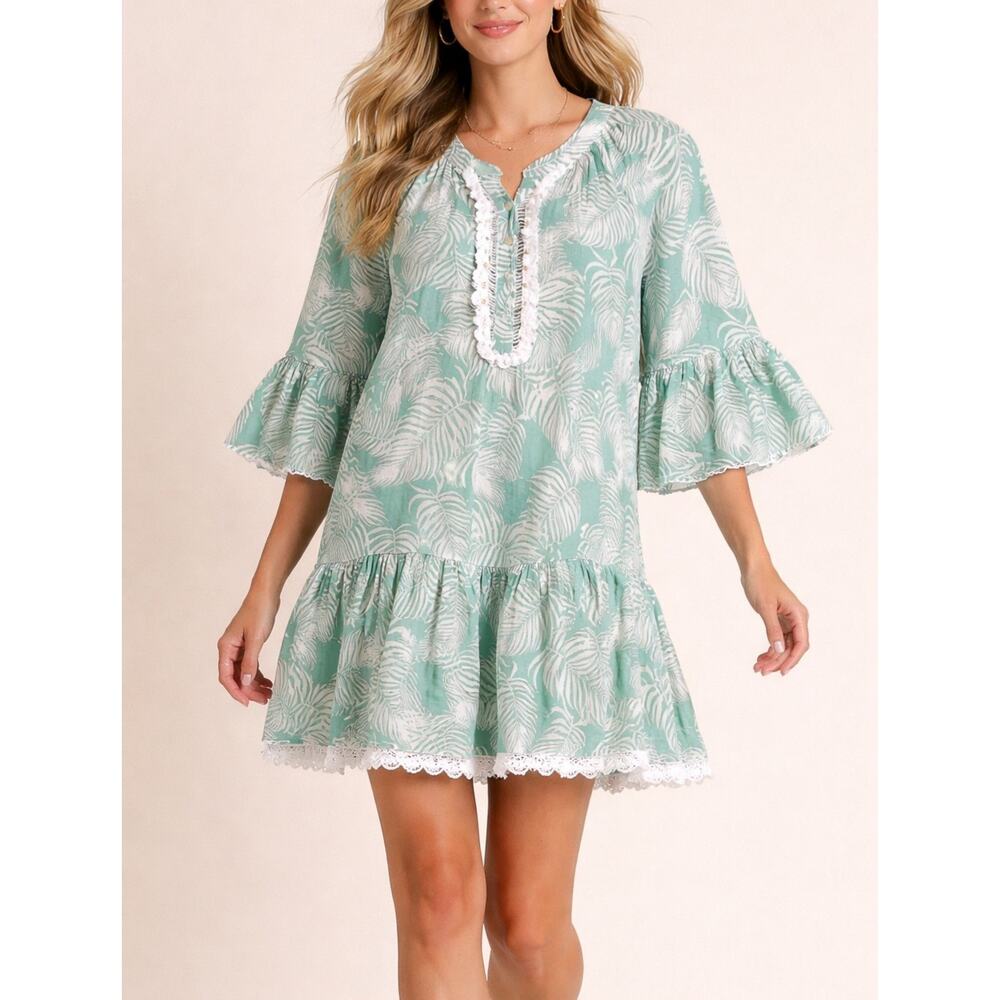 True Destinations L Green Tropical Tunic Dress 100% Cotton Boho Ruffle Sleeve
